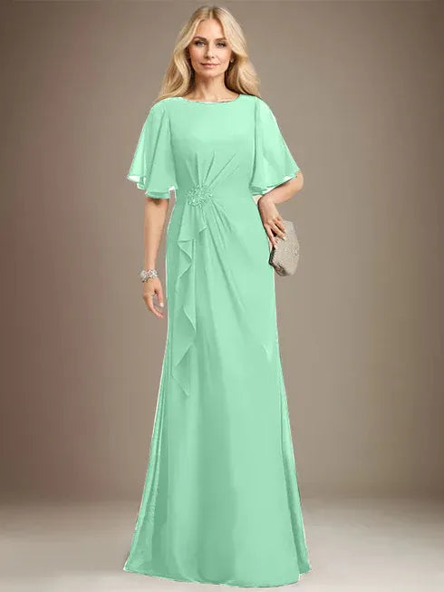 A-Line Scoop Floor-Length Chiffon Mother of the Bride Dress with Cascading Ruffles, Beading, and Sequins