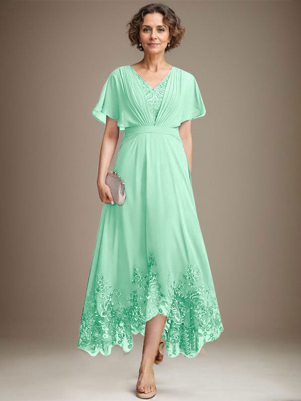 A-Line V-Neck Asymmetrical Lace Chiffon Mother of the Bride Dress with Pleats
