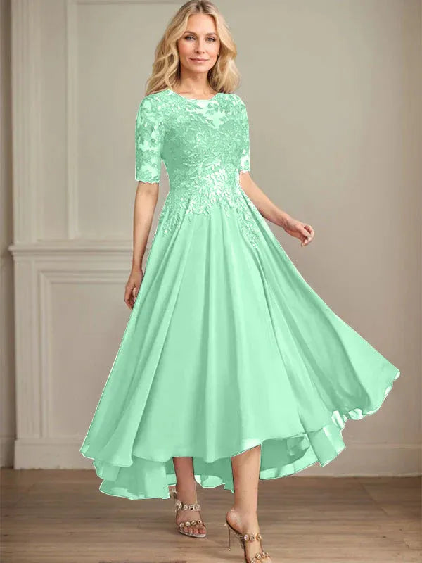 A-Line Scoop Neck Illusion Asymmetrical Chiffon and Lace Mother of the Bride Dress with Sequins