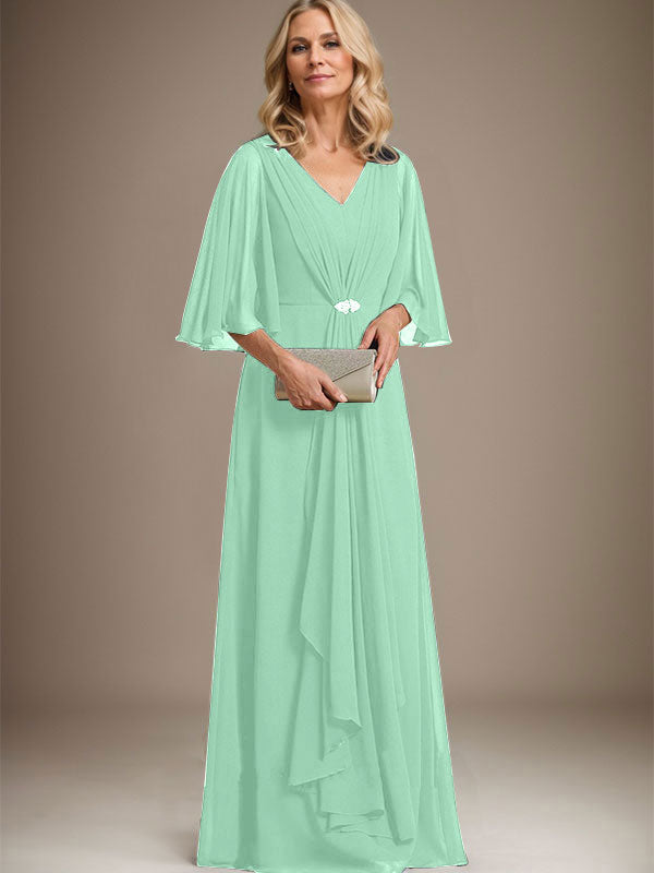 A-Line V-Neck Floor-Length Chiffon Mother of the Bride Dress with Cascading Ruffles and Crystal Brooch