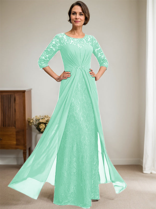 A-Line Scoop Neck Illusion Floor-Length Lace Chiffon Mother of the Bride Dress with Beaded Ruffles