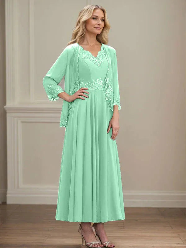 A-Line V-Neck Chiffon Mother of the Bride Dress with Sequins, Appliques, Lace, and Beading at Ankle Length