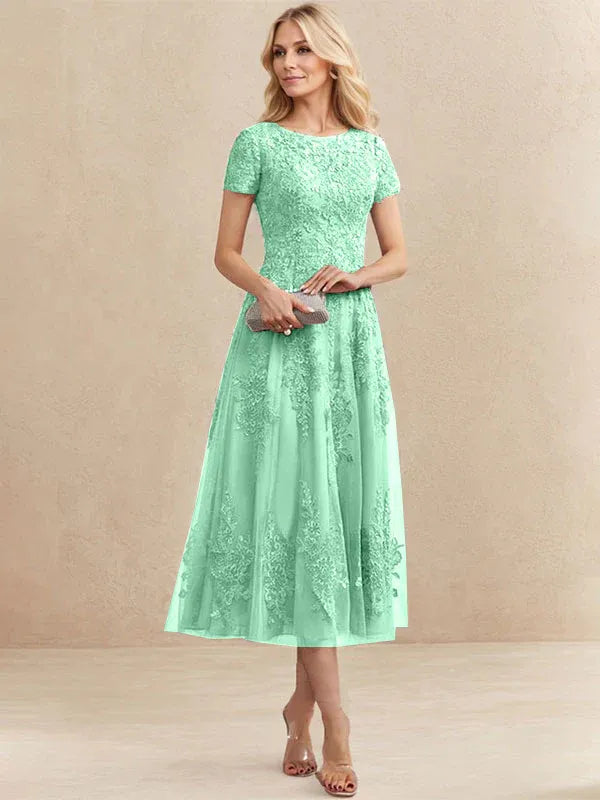 A-Line Scoop Neck Tea-Length Tulle Lace Mother of the Bride Dress