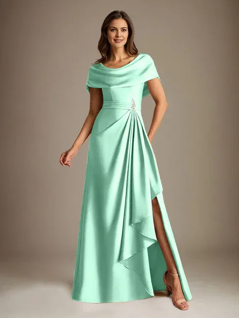 A-Line Scoop Neck Floor-Length Stretch Satin Mother of the Bride Dress with Cascading Ruffles