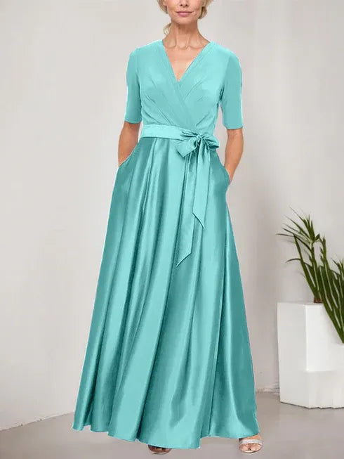 Surplice Neckline Ballgown with Full Satin Skirt and Jersey Bodice