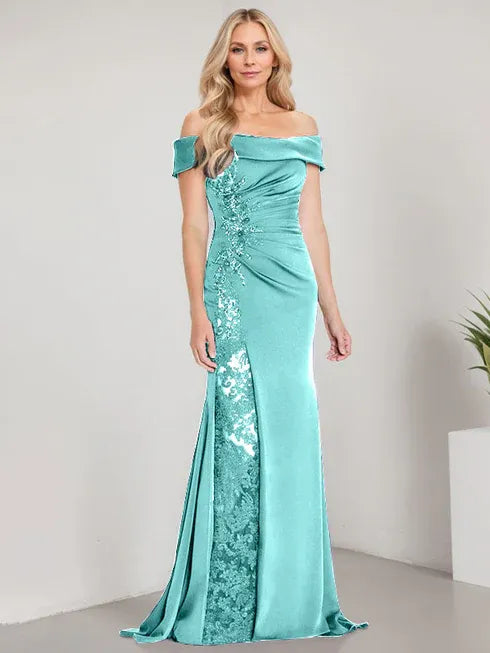 A-Line Off-the-Shoulder Floor-Length Mother of the Bride Dress with Appliqué Beadings and Mermaid Silhouette Featuring a High Split