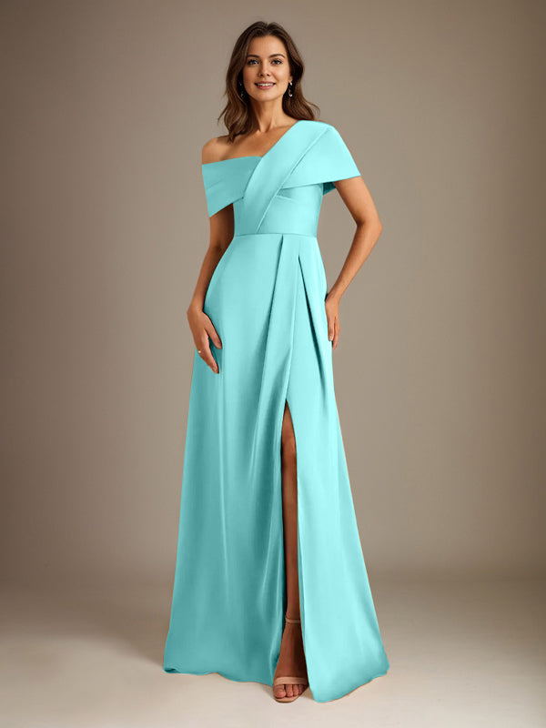 A-Line Satin Mother of the Bride Dress with Asymmetrical Neckline, Floor-Length, and Pleated Design