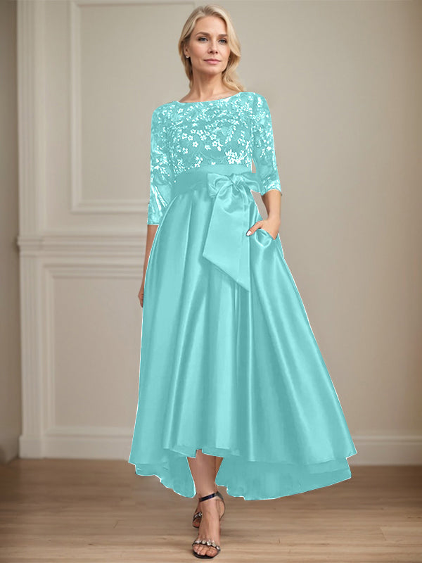 A-Line Scoop Neck Illusion Asymmetrical Satin Lace Mother of the Bride Dress with Bow