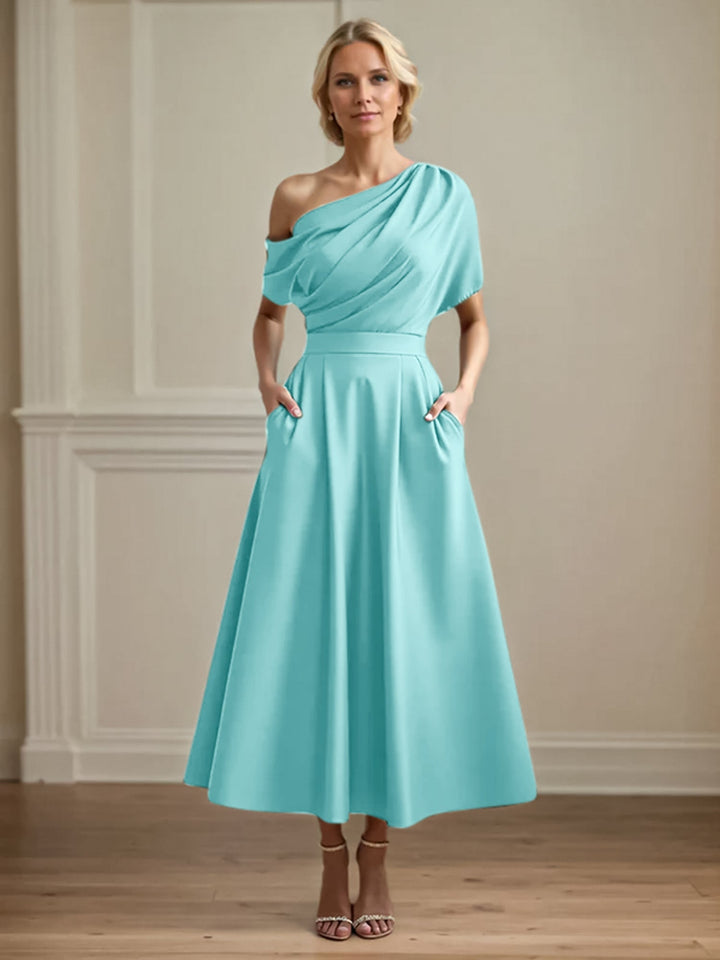 One-Shoulder Satin A-Line Pleated Ankle-Length Mother of the Bride Dress