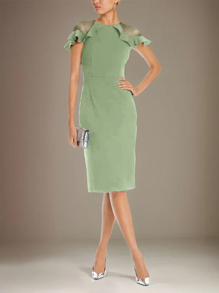 Sheath Dress with Column Stretch Crepe, Scoop Neck, Short Sleeves, Knee Length