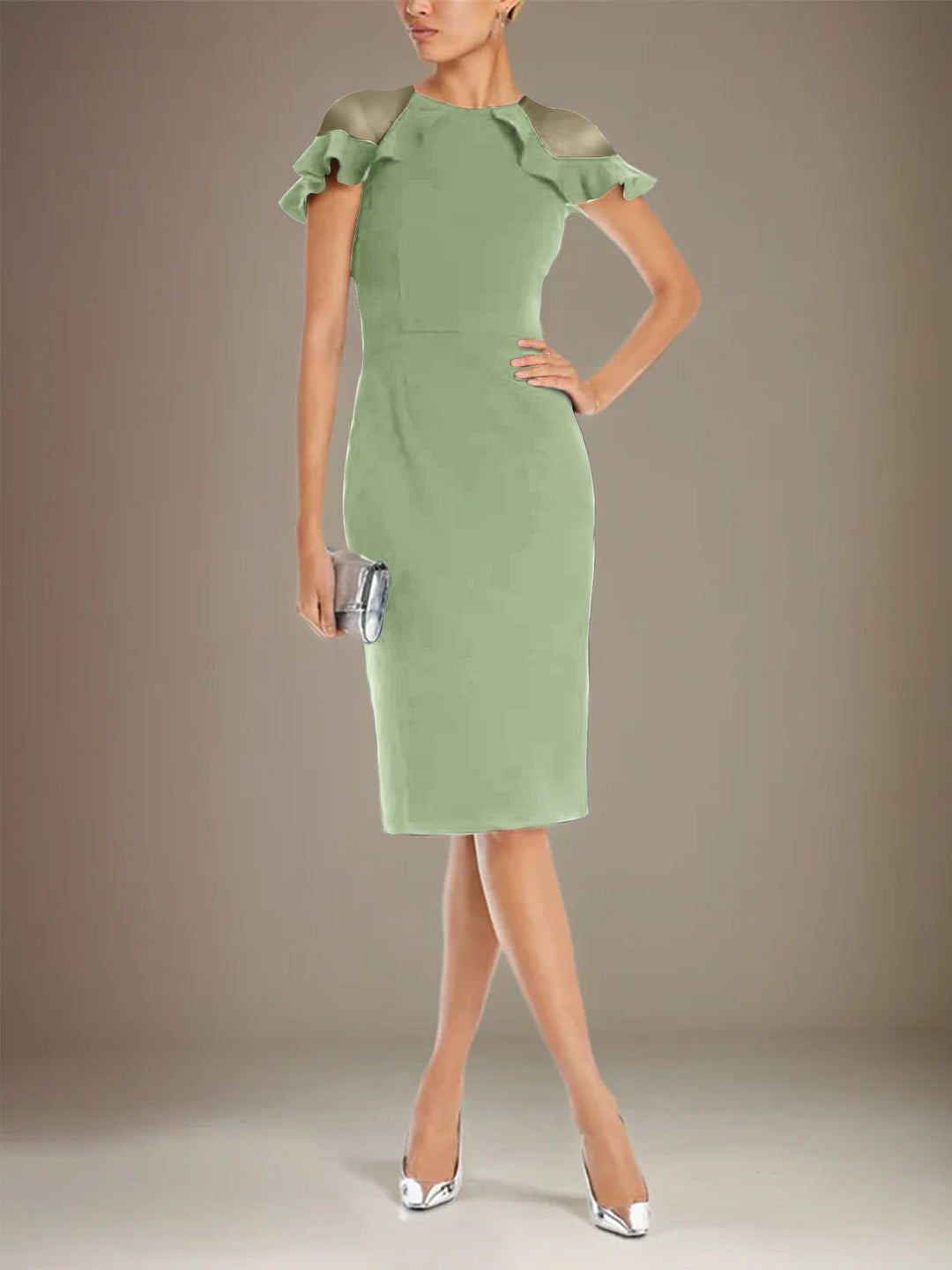 Sheath/Column Stretch Crepe Scoop Short Sleeves Knee Length Dress