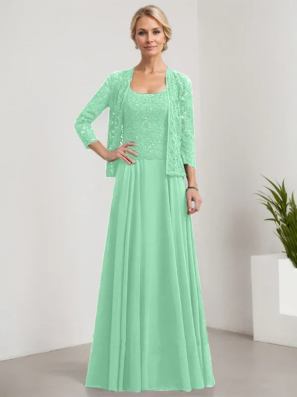 A-Line Square Neck Floor-Length Lace and Chiffon Mother of the Bride Dress with Sequins