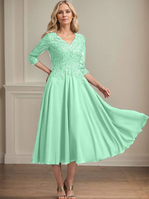 A-Line V-Neck Tea-Length Chiffon and Lace Mother of the Bride Dress with Beading and Sequins