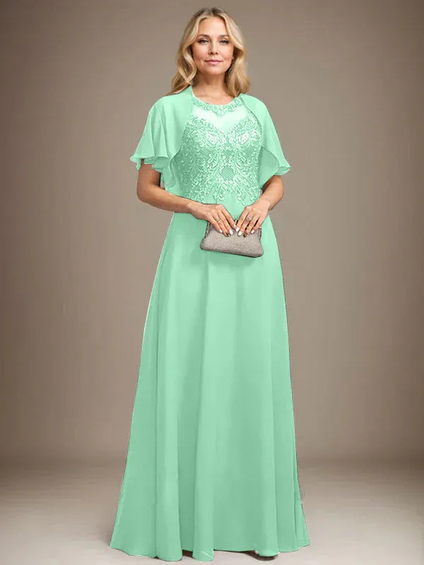 A-Line Scoop Neck Illusion Floor-Length Lace Chiffon Mother of the Bride Dress with Sequins