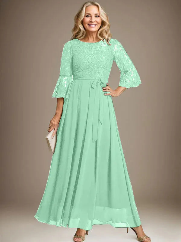 A-Line Scoop Neck Ankle-Length Lace Chiffon Mother of the Bride Dress with Bow