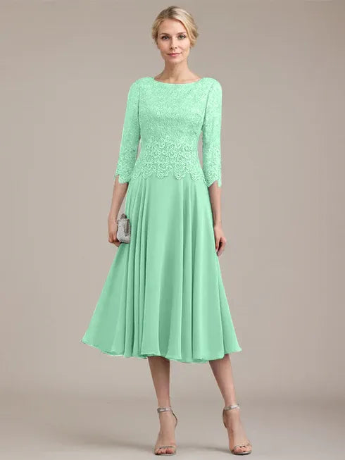 A-Line Scoop Neck Tea-Length Lace Chiffon Mother of the Bride Dress