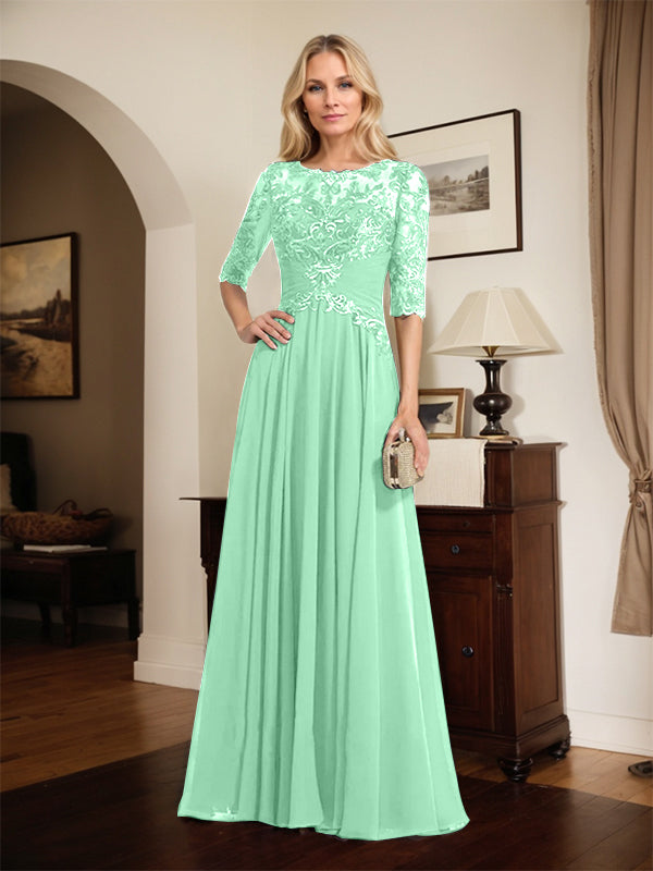 A-Line Scoop Neck Illusion Floor-Length Chiffon and Lace Mother of the Bride Dress with Pleated Sequins