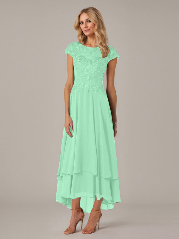 A-Line Boat Neck Illusion Asymmetrical Chiffon Lace Mother of the Bride Dress with Applique and Pleats