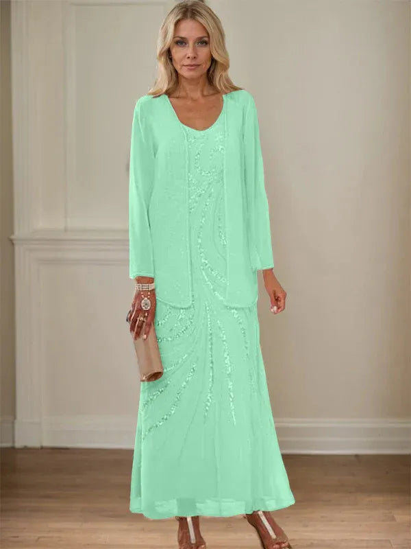 V-Neck Sheath/Mother of the Bride Ankle-Length Dress with Jacket & Sequins