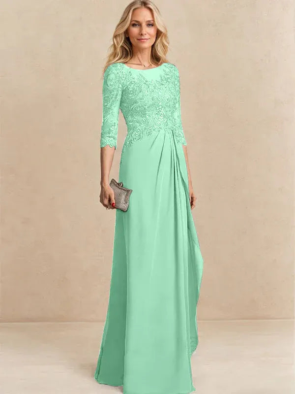 A-Line Scoop Illusion Floor-Length Chiffon and Lace Mother of the Bride Dress with Beading, Sequins, and Cascading Ruffles