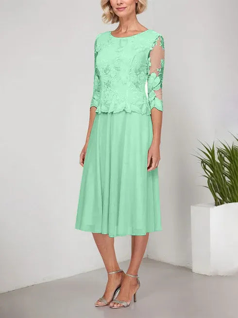 A-Line Scoop Neck Tea-Length Lace Chiffon Mother of the Bride Dress with Embroidery