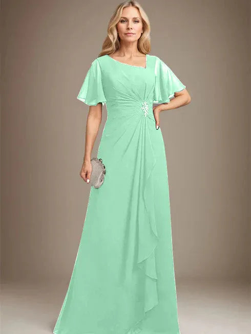 A-Line Asymmetrical Floor-Length Chiffon Mother of the Bride Dress with Pleated Beading and Sequins