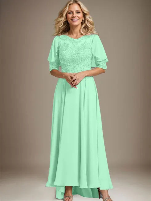 A-Line Scoop Neck Illusion Asymmetrical Chiffon and Lace Mother of the Bride Dress with Beading