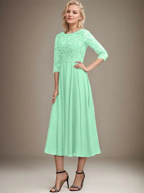 A-Line Scoop Neck Tea-Length Lace Chiffon Mother of the Bride Dress with Sequins
