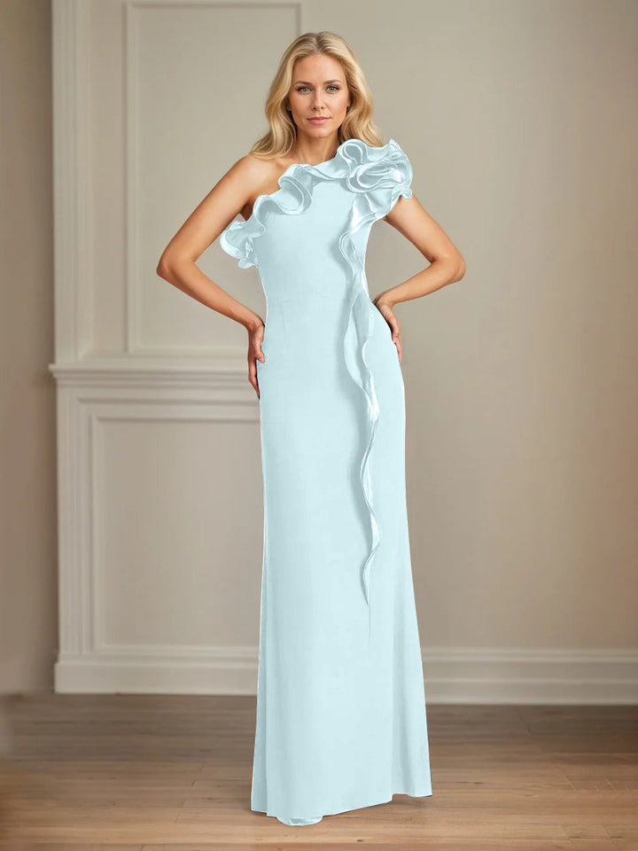 Navy Stretch Crepe One-Shoulder Sheath Dress with Ruffles – Floor-Length Mother of the Bride Gown