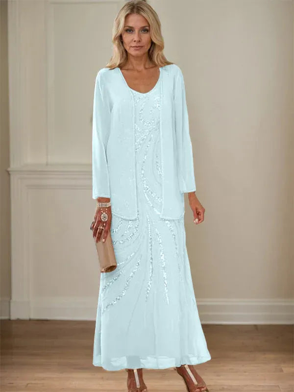 V-Neck Sheath/Mother of the Bride Ankle-Length Dress with Jacket & Sequins