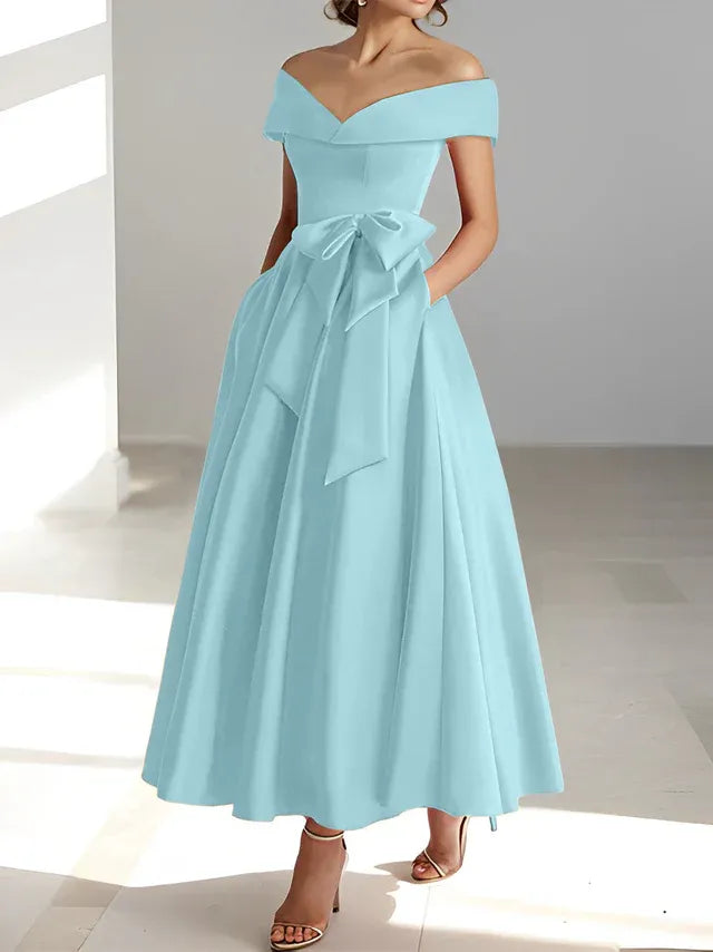 A-Line Off-the-Shoulder Sleeveless Ankle-Length Mother of the Bride Dress with Pockets