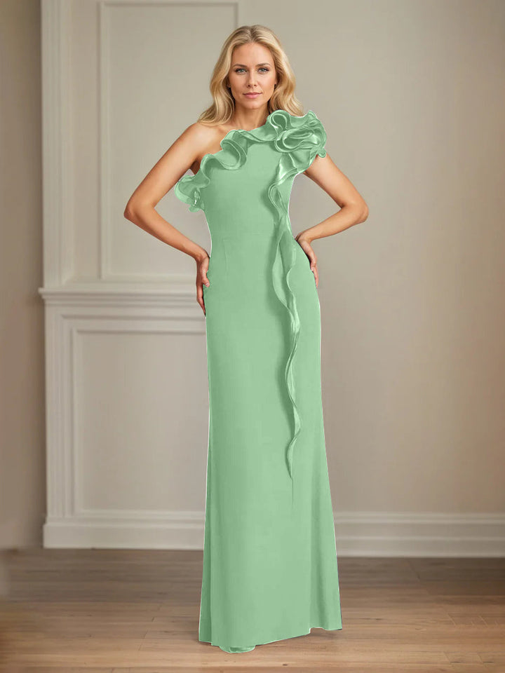 Navy Stretch Crepe One-Shoulder Sheath Dress with Ruffles – Floor-Length Mother of the Bride Gown