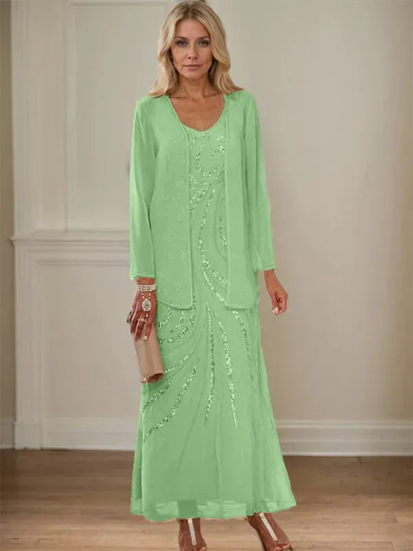 V-Neck Sheath/Mother of the Bride Ankle-Length Dress with Jacket & Sequins