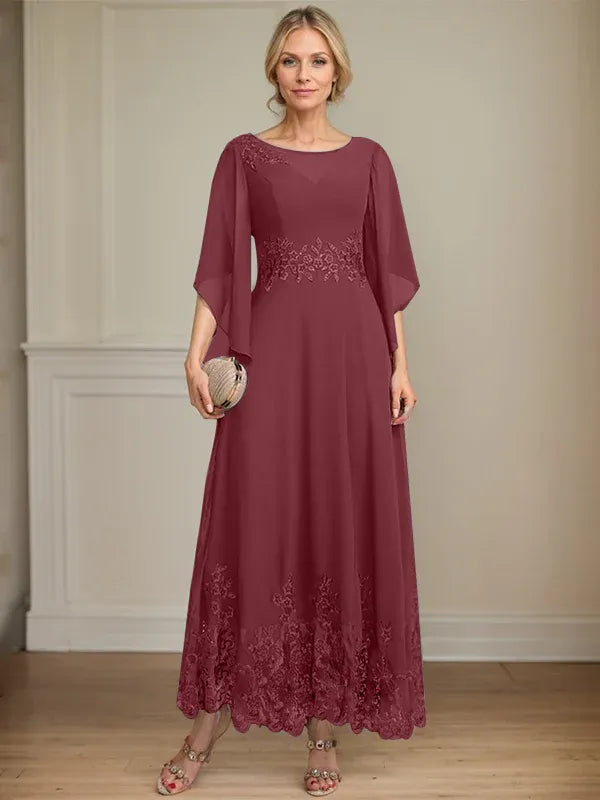 A-Line Scoop Neck Illusion Lace Chiffon Mother of the Bride Dress with Sequins and Ankle-Length Hem