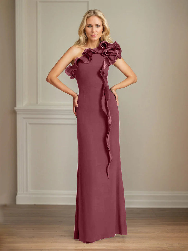 Navy Stretch Crepe One-Shoulder Sheath Dress with Ruffles – Floor-Length Mother of the Bride Gown