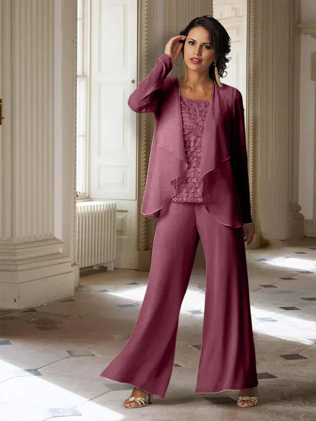 Chiffon Long Sleeve Mother of the Bride Pantsuit with Jacket