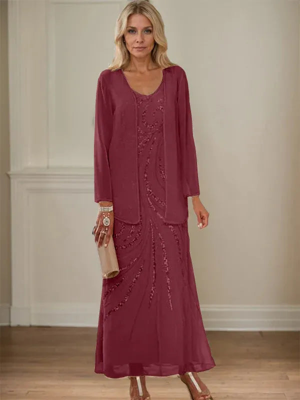 V-Neck Sheath/Mother of the Bride Ankle-Length Dress with Jacket & Sequins