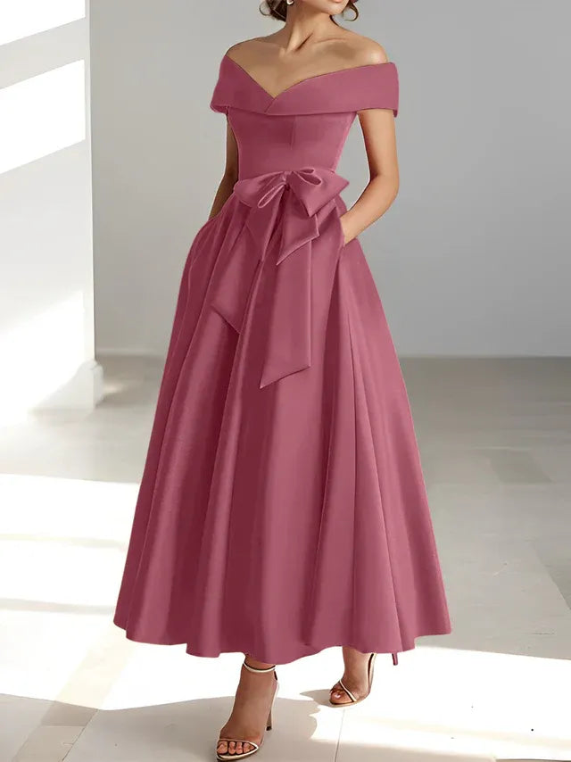 A-Line Off-the-Shoulder Sleeveless Ankle-Length Mother of the Bride Dress with Pockets