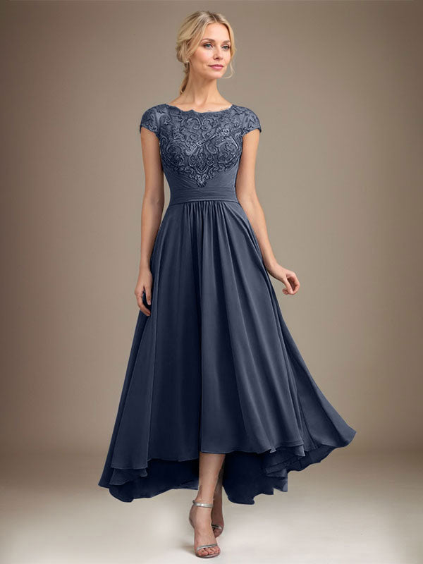 A-Line Scoop Neck Illusion Asymmetrical Lace Chiffon Mother of the Bride Dress with Pleats
