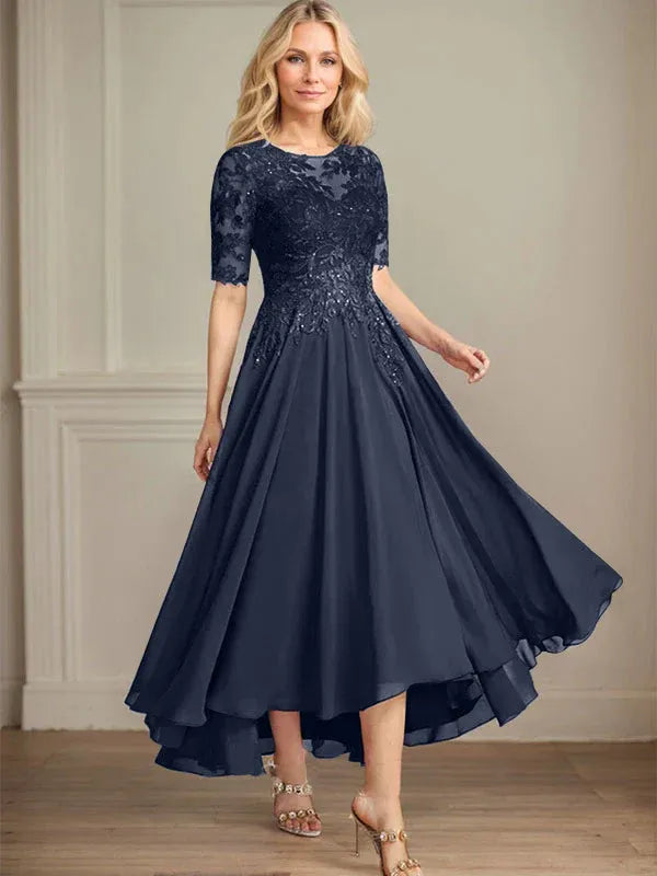 A-Line Scoop Neck Illusion Asymmetrical Chiffon and Lace Mother of the Bride Dress with Sequins
