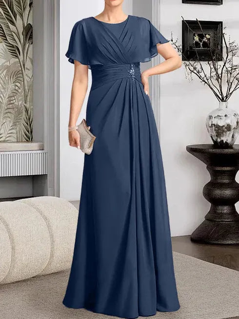 A-Line Scoop Neck Floor-Length Chiffon Mother of the Bride Dress with Pleated Beading