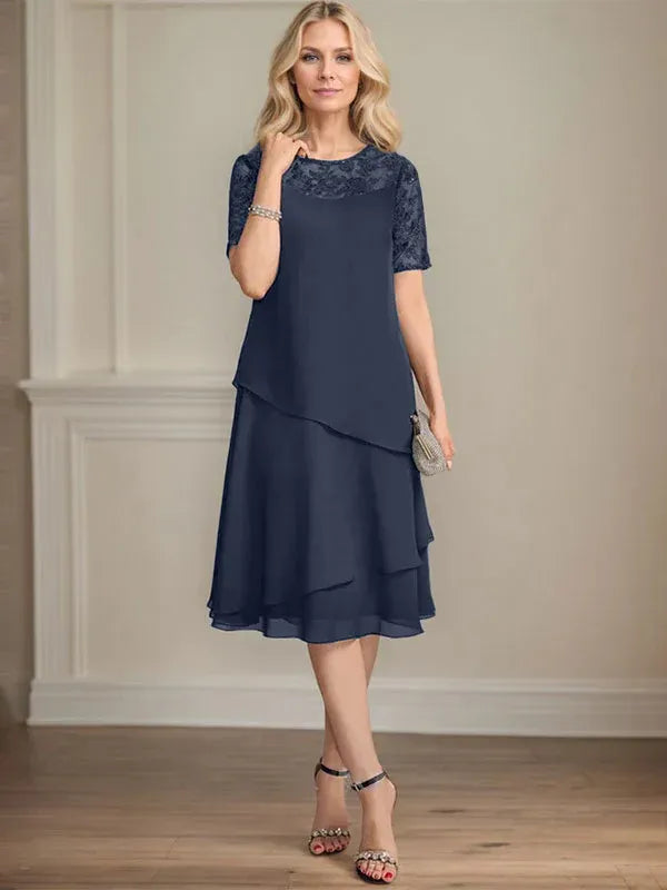 A-Line Scoop Neck Illusion Knee-Length Lace Chiffon Mother of the Bride Dress with Sequins
