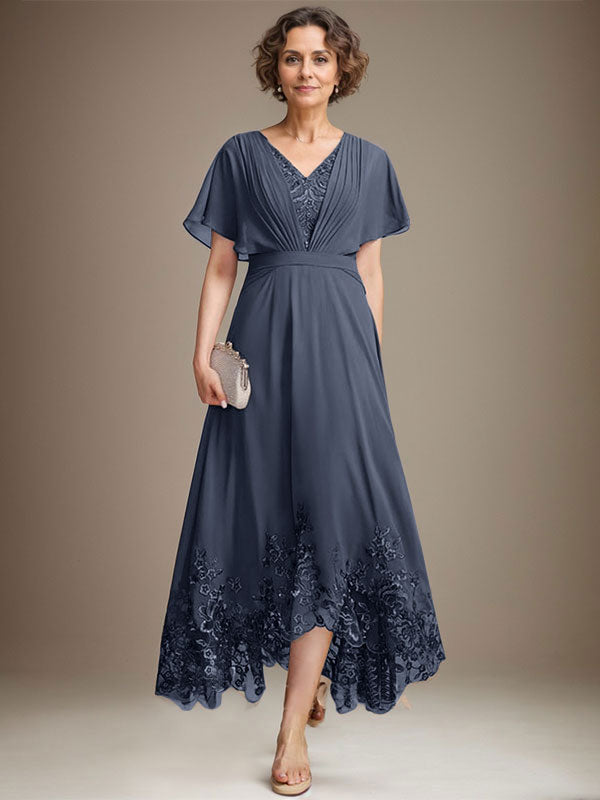 A-Line V-Neck Asymmetrical Lace Chiffon Mother of the Bride Dress with Pleats