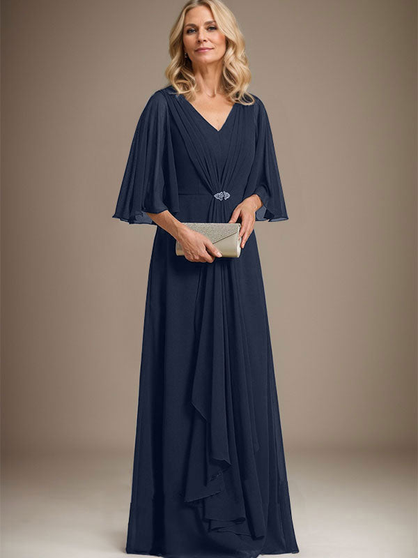 A-Line V-Neck Floor-Length Chiffon Mother of the Bride Dress with Cascading Ruffles and Crystal Brooch