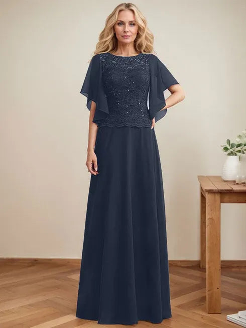 A-Line Scoop Neck Illusion Floor-Length Lace Chiffon Mother of the Bride Dress with Sequins