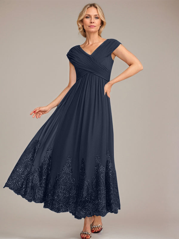 A-Line V-Neck Chiffon Mother of the Bride Dress with Appliqué and Sequins, Ankle-Length