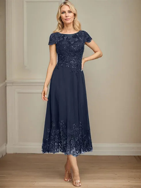 A-Line Illusion Scoop Tea-Length Lace Chiffon Mother of the Bride Dress with Sequins