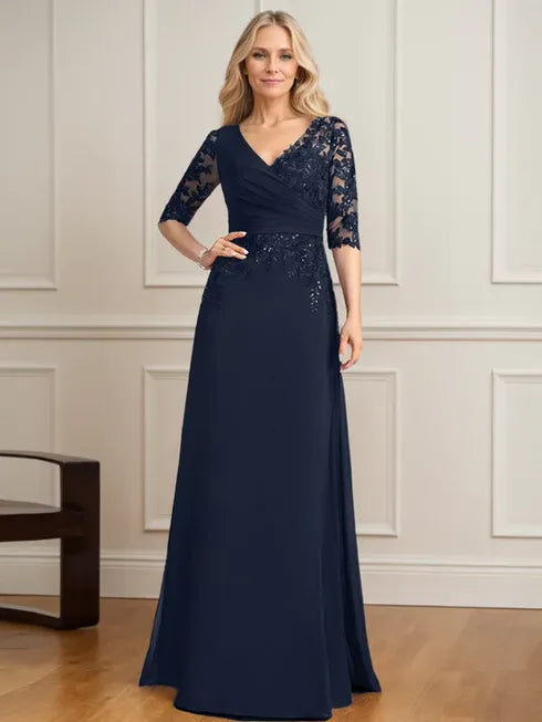 A-Line V-Neck Floor-Length Lace and Chiffon Mother of the Bride Dress with Pleated Sequins