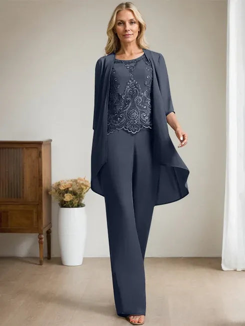 Floor-Length Chiffon Lace Mother of the Bride Jumpsuit/Pantsuit with Scoop Neck, Beading, and Sequins