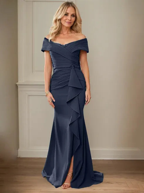 Floor-Length Lace and Chiffon Mother of the Bride Dress with Sheath/Column V-Neck Illusion and Pleated Sequins